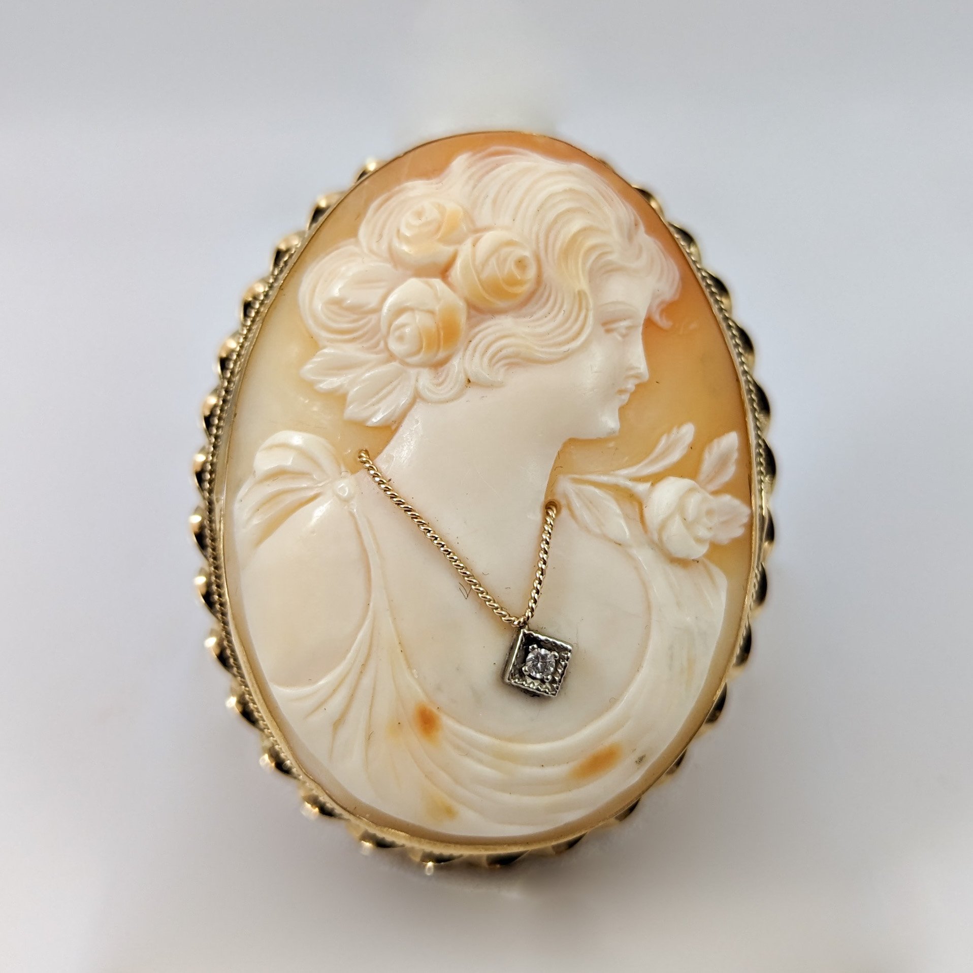 Vintage 14K Yellow Gold & Shell Convertible Cameo Brooch/Pendant with Diamond Accent — STANLEY BROWN JEWELIST